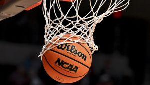 Nov 8, 2024; College Station, Texas, USA; A detailed view of an official game ball with the NCAA logo prior to the game between the Texas A&M Aggies and the East Texas A&M Lions at Reed Arena. The Aggies defeated the Lions 87-55.