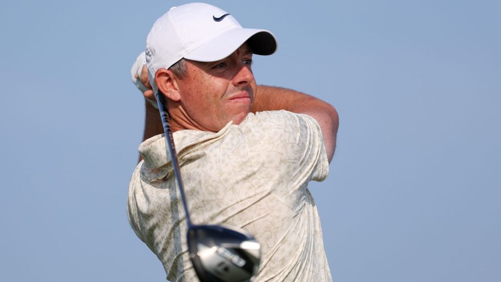 Jun 12, 2025; Oakmont, Pennsylvania, USA; Rory McIlroy plays his shot from the 12th tee during the first round of the U.S. Open golf tournament.