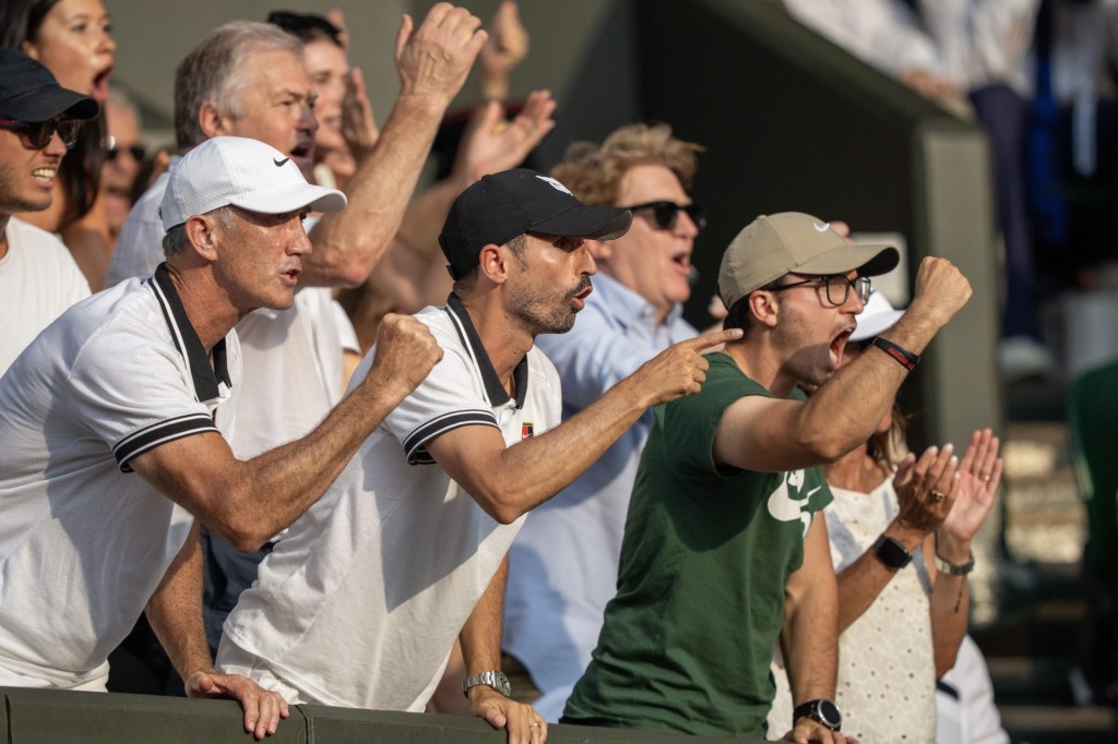 Jul 13, 2025; Wimbledon, United Kingdom; Darren Cahill and the support team for Jannik Sinner of Italy react during the menÕs singles final on day 14 at All England Lawn Tennis and Croquet Club.