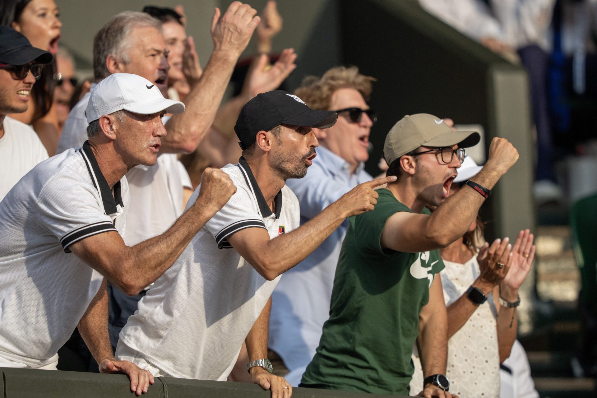 Jul 13, 2025; Wimbledon, United Kingdom; Darren Cahill and the support team for Jannik Sinner of Italy react during the menÕs singles final on day 14 at All England Lawn Tennis and Croquet Club.