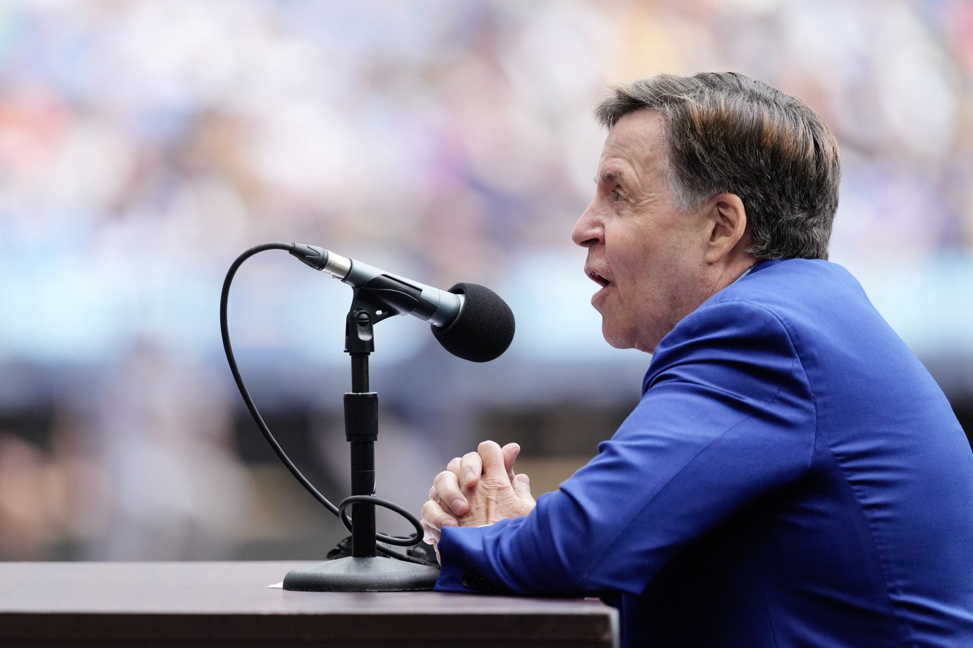 Aug 24, 2025; Milwaukee, Wisconsin, USA; Bob Costas speaks during a celebration of Bob Uecker’s life prior to the game between the San Francisco Giants= and Milwaukee Brewers at American Family Field.