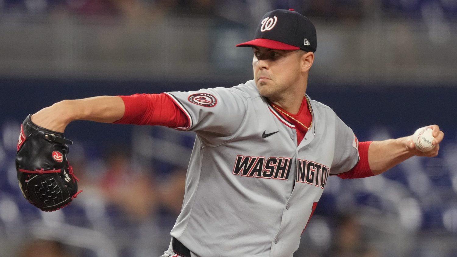 Sep 11, 2025; Miami, Florida, USA; Washington Nationals starting pitcher MacKenzie Gore (1) pitches in the first inning against the Miami Marlins at loanDepot Park.