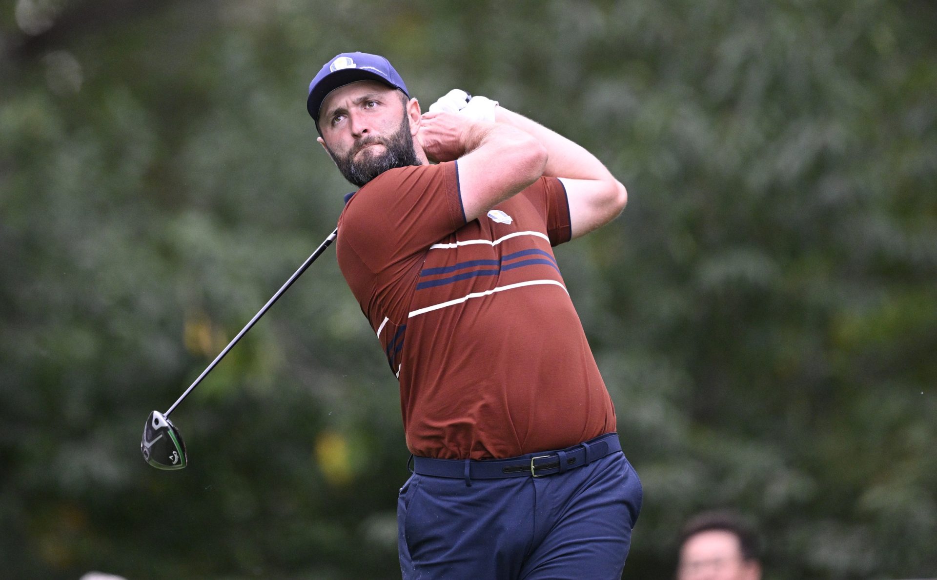 Sep 27, 2025; Bethpage, New York, USA; Team Europe golfer Jon Rahm on the 16th hole on the penultimate day of competition for the Ryder Cup at Bethpage Black.