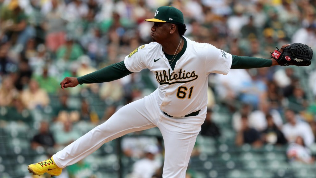 Sep 28, 2025; West Sacramento, California, USA; Athletics pitcher Elvis Alvarado (61) throws a pitch against the Kansas City Royals during the third inning at Sutter Health Park.