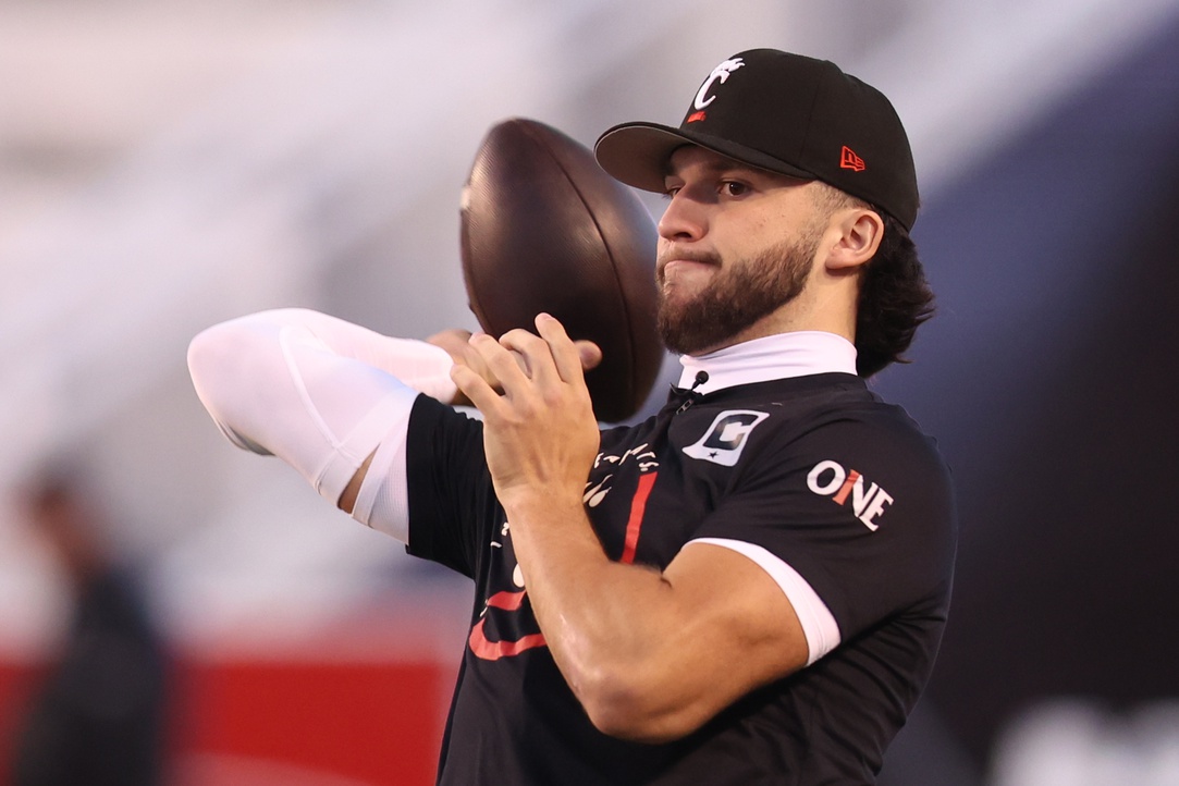 Nov 1, 2025; Salt Lake City, Utah, USA; Cincinnati Bearcats quarterback Brendan Sorsby (2) warms up before the game against the Utah Utes at Rice-Eccles Stadium.