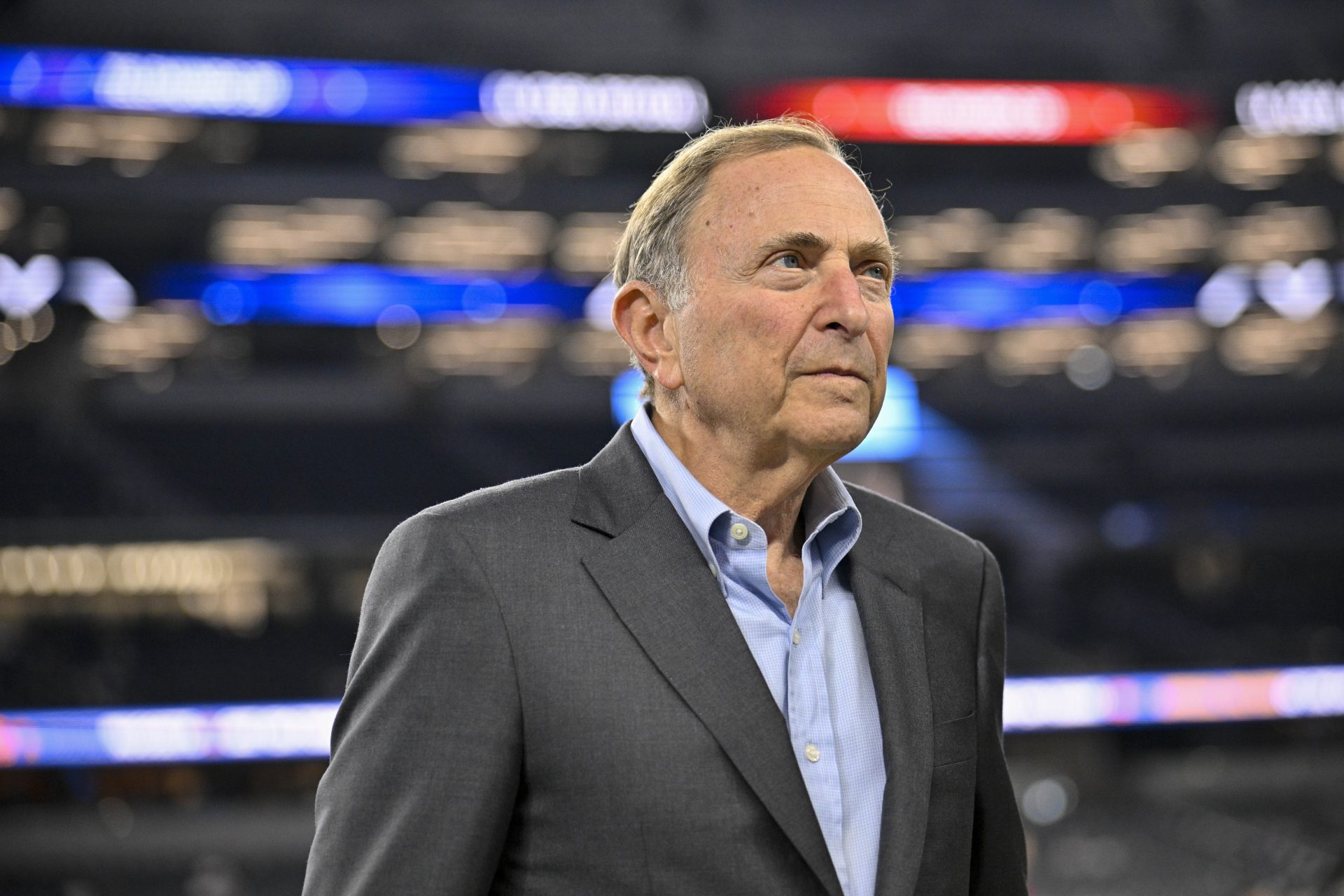 Nov 3, 2025; Arlington, Texas, USA; NHL commissioner Gary Bettman looks on before the game between the Dallas Cowboys and the Arizona Cardinals at AT&T Stadium.