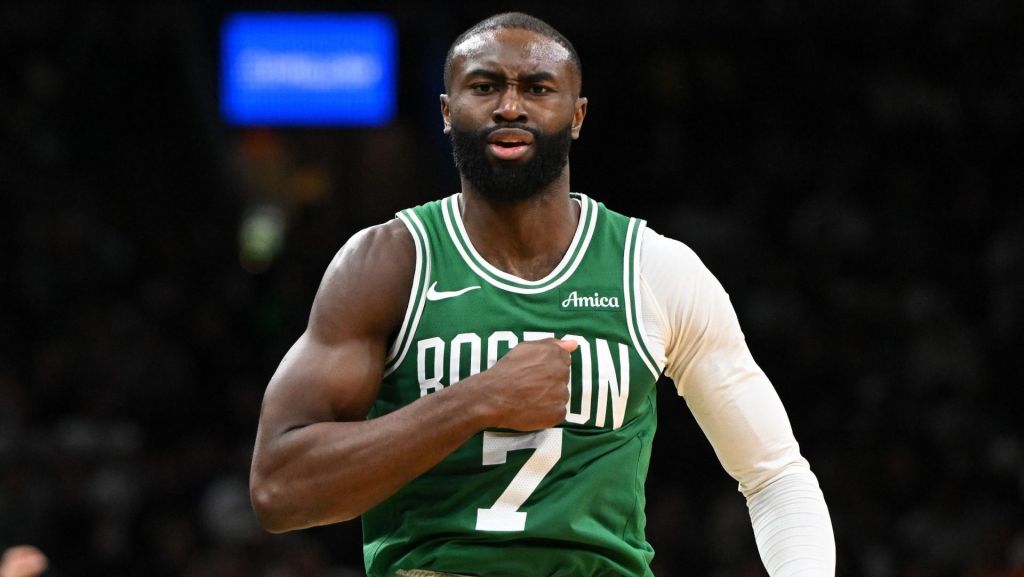 Dec 2, 2025; Boston, Massachusetts, USA; Boston Celtics guard Jaylen Brown (7) reacts after scoring against the New York Knicks during the second half at the TD Garden.
