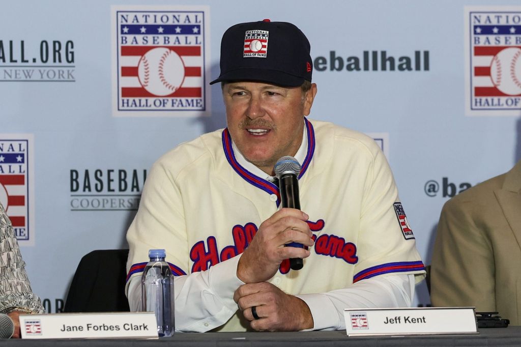 Dec 8, 2025; Orlando, FL, USA; MLB Hall of Fame inductee Jeff Kent takes questions from the media during the 2025 MLB Winter Meetings at Signia by Hilton Hotel