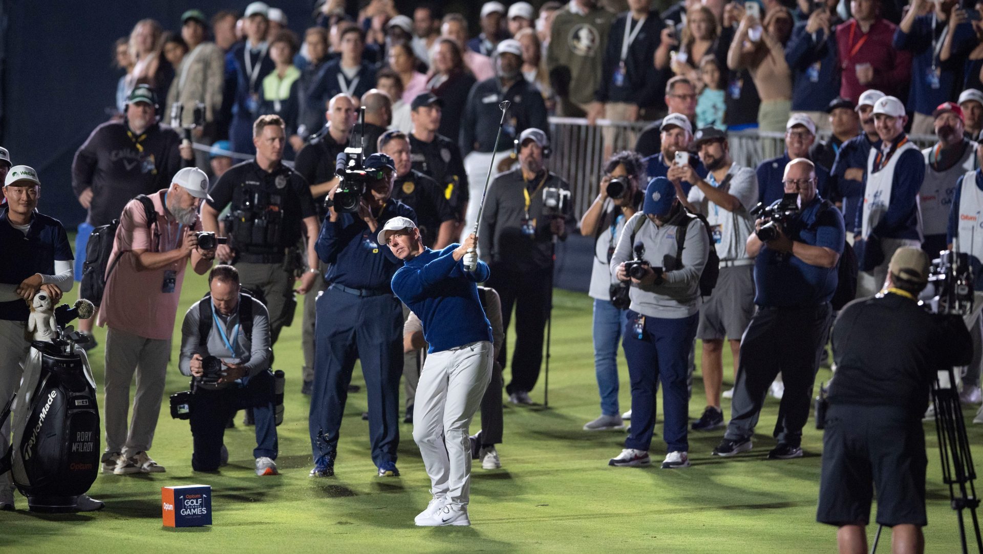 Rory McIlroy hits the ball during the Golf Channel Games at Trump National Golf Club on December 17, 2025, in Jupiter, Florida.