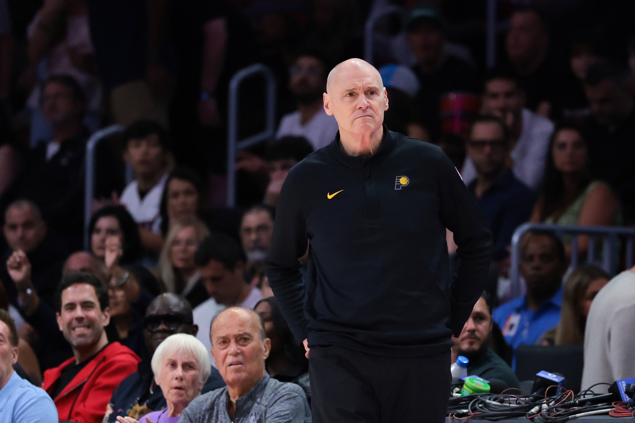 Dec 27, 2025; Miami, Florida, USA; Indiana Pacers head coach Rick Carlisle looks on from the sideline against the Miami Heat during the second half at Kaseya Center.