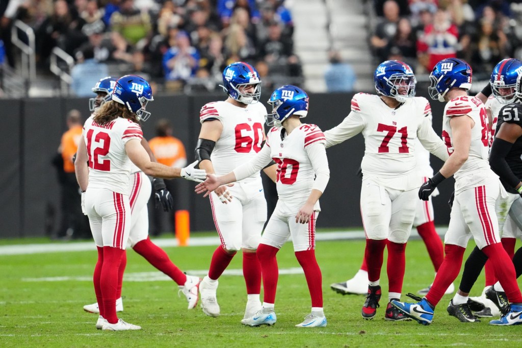 Dec 28, 2025; Paradise, Nevada, USA; New York Giants kicker Ben Sauls (30) celebrates after a successful field goal in the third quarter against the Las Vegas Raiders at Allegiant Stadium