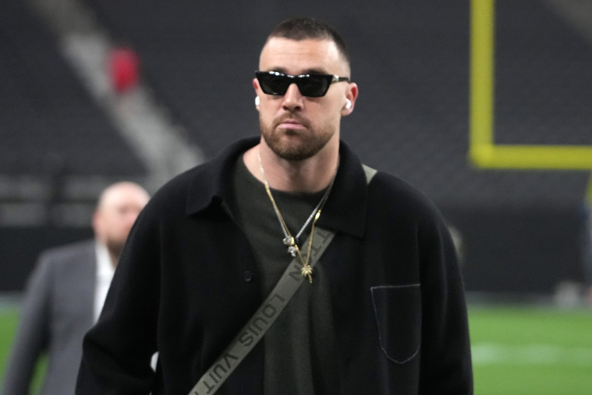 Jan 4, 2026; Paradise, Nevada, USA; Kansas City Chiefs tight end Travis Kelce (87) arrives before the game against the Las Vegas Raiders at Allegiant Stadium.