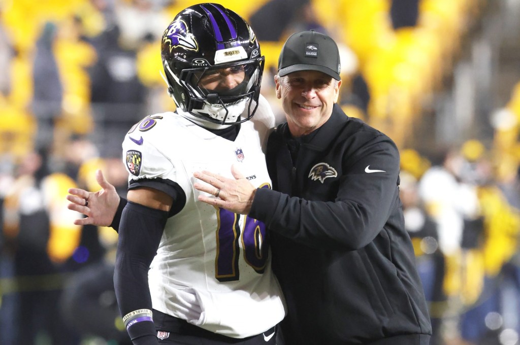 Jan 4, 2026; Pittsburgh, Pennsylvania, USA; Baltimore Ravens head coach John Harbaugh (right) greets wide receiver Tylan Wallace (16) before the game against the Pittsburgh Steelers at Acrisure Stadium.