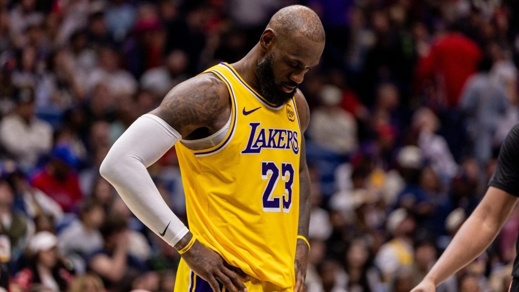 Jan 6, 2026; New Orleans, Louisiana, USA; Los Angeles Lakers forward LeBron James (23) reacts against the New Orleans Pelicans during the second half at Smoothie King Center.