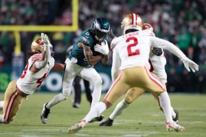 Jan 11, 2026; Philadelphia, PA, USA; Philadelphia Eagles wide receiver DeVonta Smith (6) carries the ball after a reception against the San Francisco 49ers during the fourth quarter in an NFC Wild Card Round game at Lincoln Financial Field.