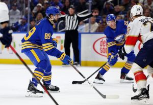 Jan 12, 2026; Buffalo, New York, USA; Buffalo Sabres right wing Alex Tuch (89) looks to make a pass during the second period against the Florida Panthers at KeyBank Center.