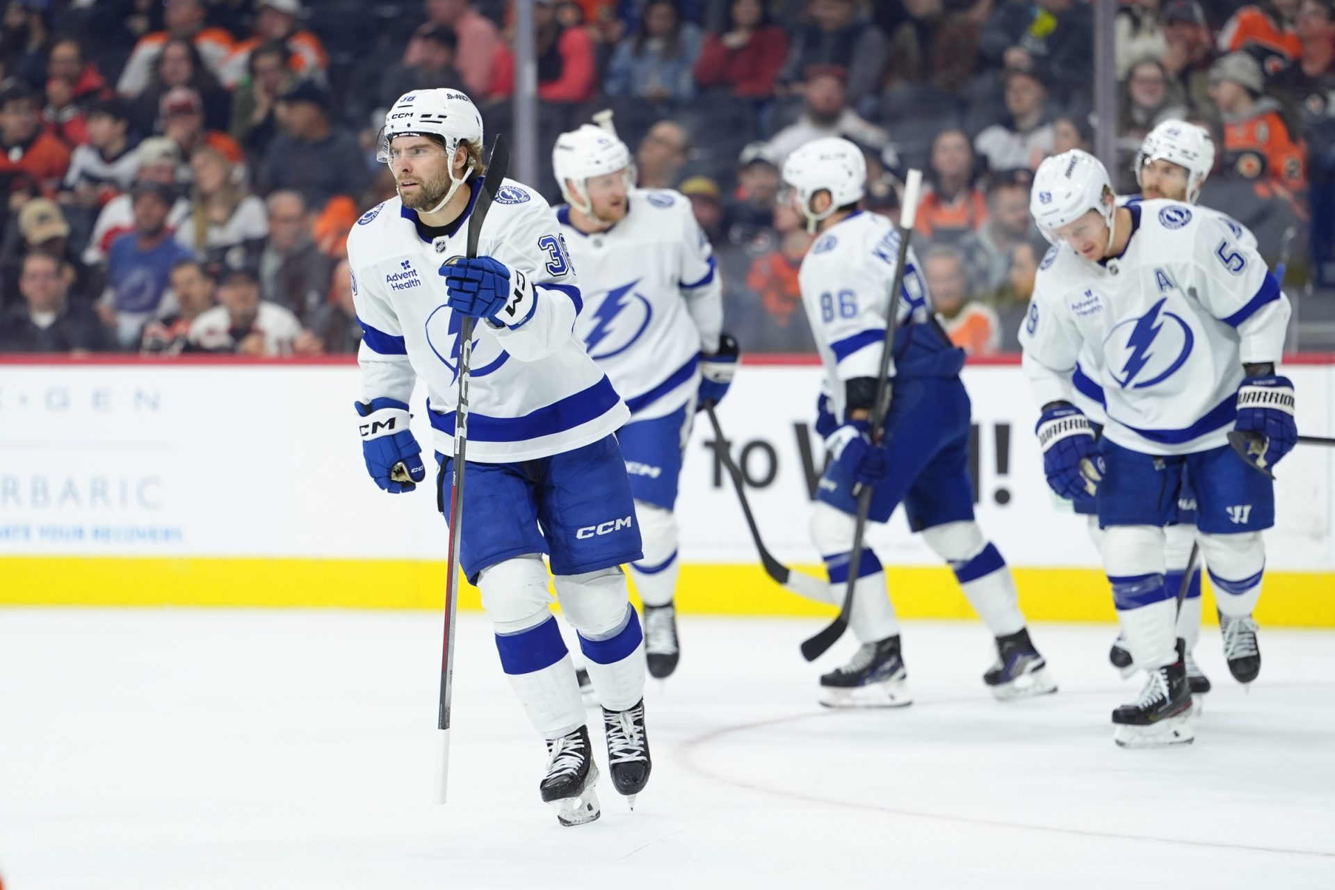 Jan 12, 2026; Philadelphia, Pennsylvania, USA; Tampa Bay Lightning left wing Brandon Hagel (38) reacts after scoring a goal against the Philadelphia Flyers in the second period at Xfinity Mobile Arena.