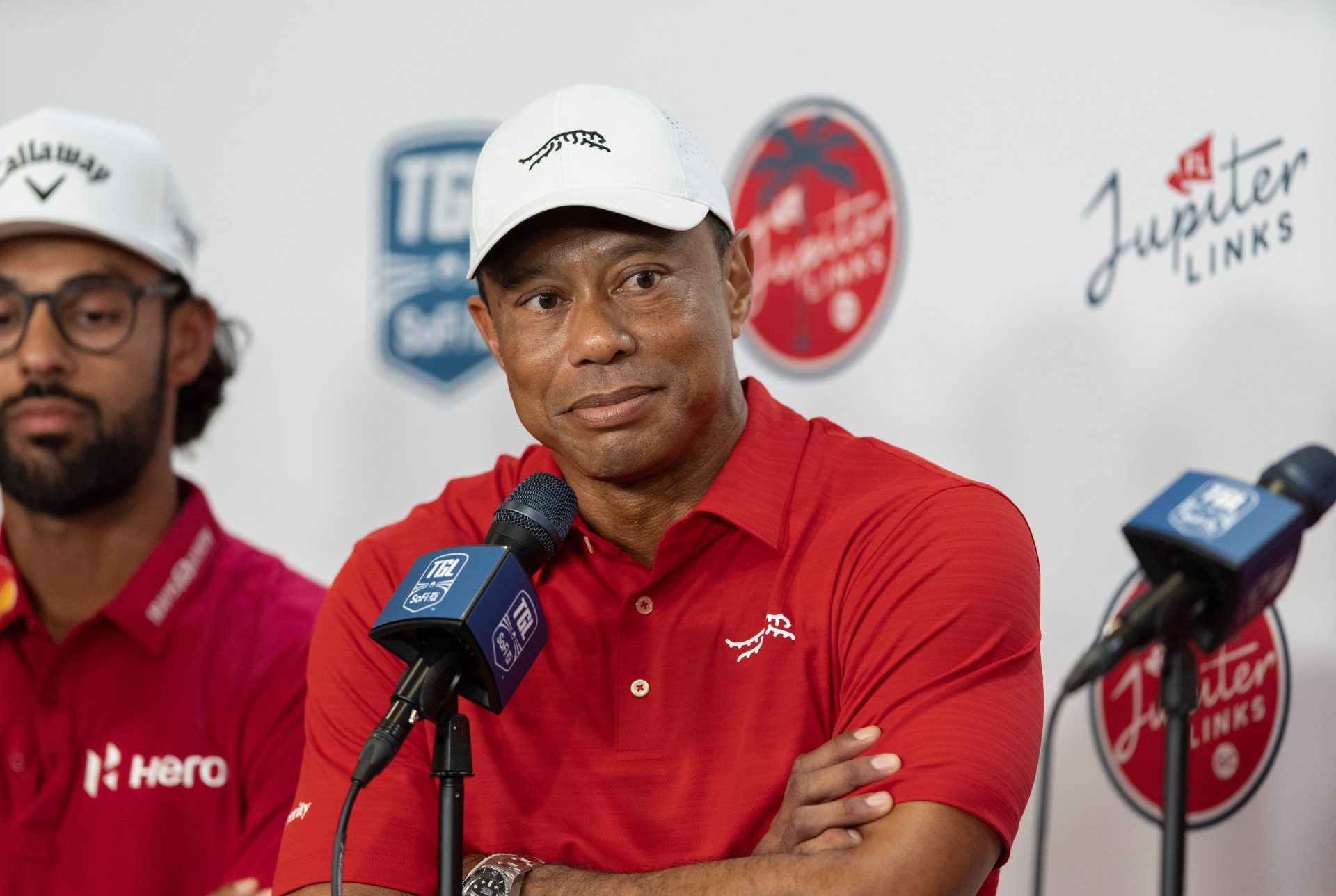 Tiger Woods of Jupiter Links answers questions from the media after a TGL match against New York Golf Club at SoFi Center on January 13, 2026, in Palm Beach Gardens, Florida.