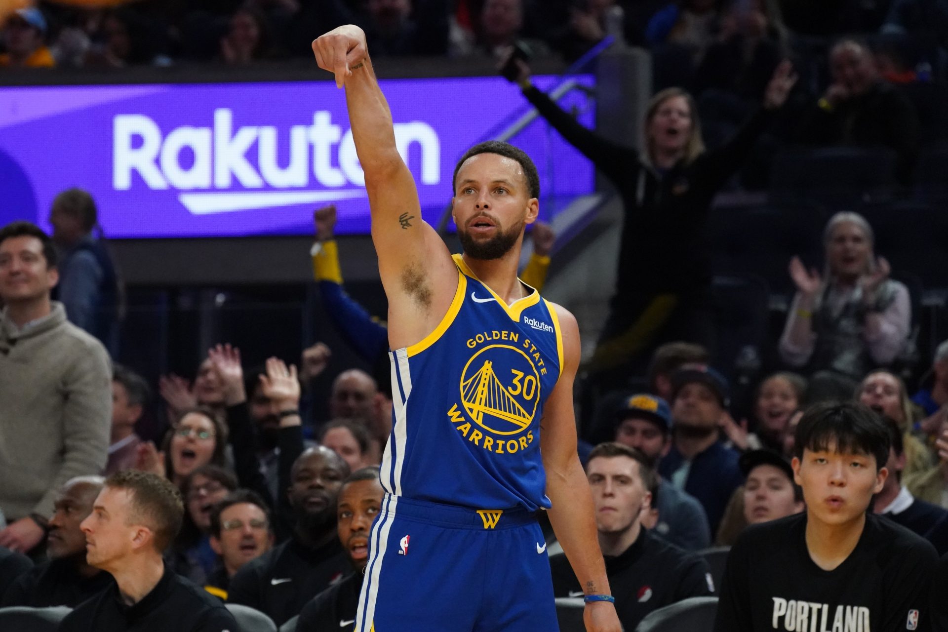 Jan 13, 2026; San Francisco, California, USA; Golden State Warriors guard Stephen Curry (30) makes a three-point shot against the Portland Trail Blazers in the third quarter at Chase Center.