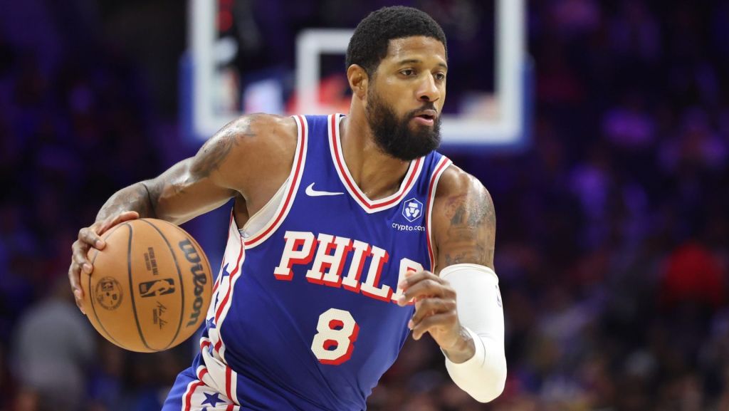 Jan 14, 2026; Philadelphia, Pennsylvania, USA; Philadelphia 76ers forward Paul George (8) drives against the Cleveland Cavaliers during the second quarter at Xfinity Mobile Arena.