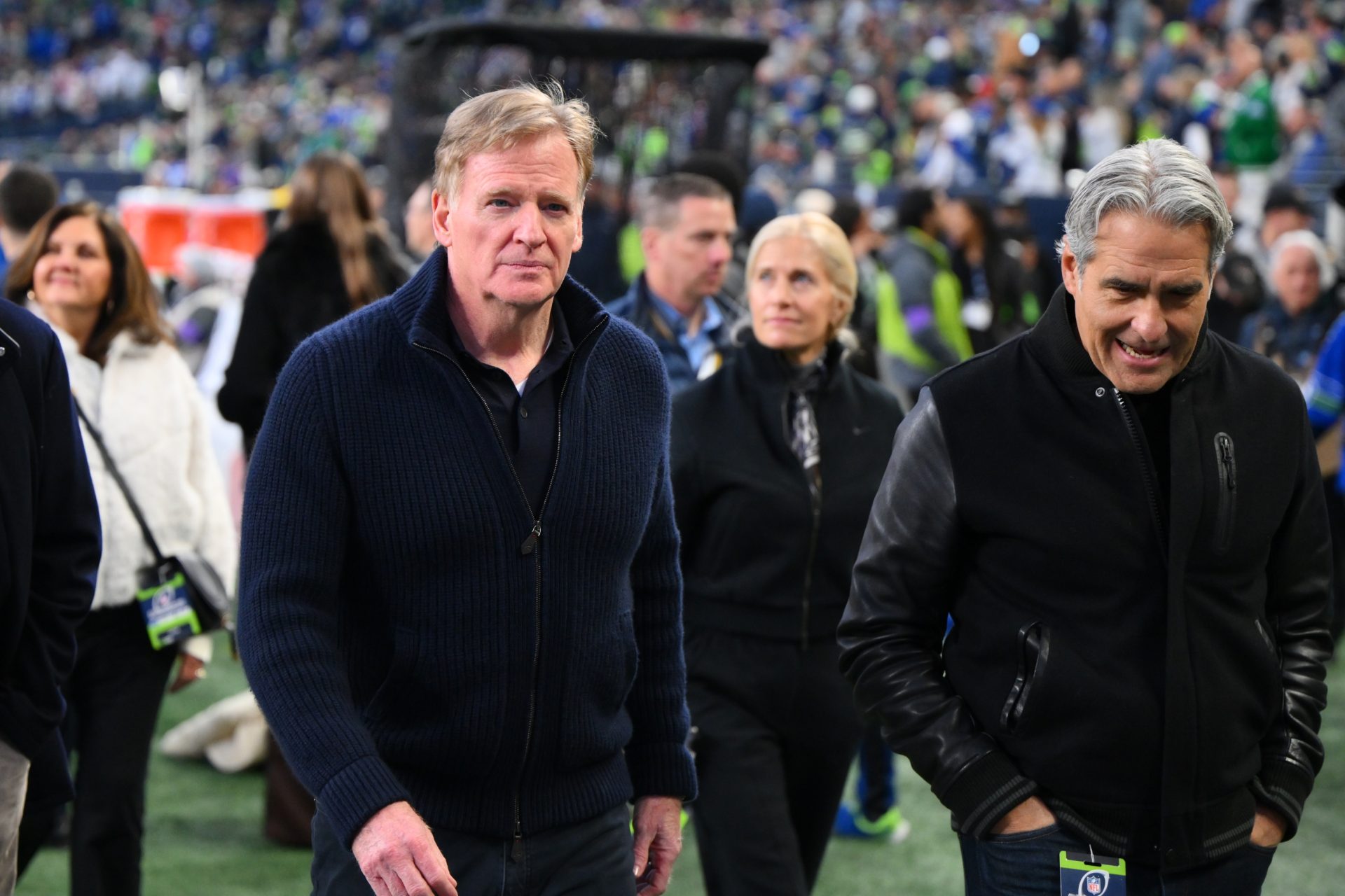Jan 17, 2026; Seattle, WA, USA; NFL Commissioner is Roger Goodell walks on the field prior to a game between the Seattle Seahawks and the San Francisco 49ers in an NFC Divisional Round game at Lumen Field.