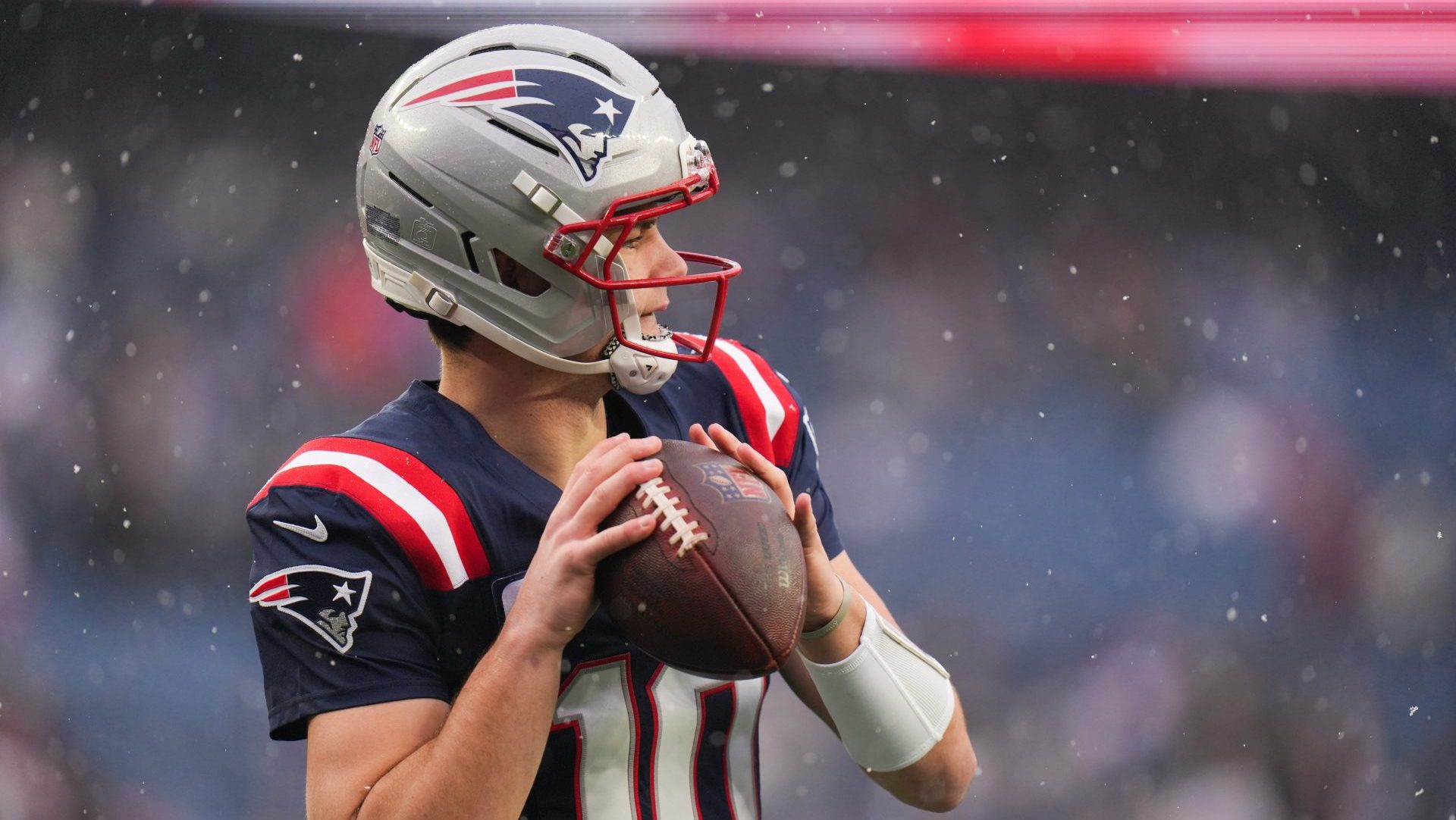 Jan 18, 2026; Foxborough, MA, USA; New England Patriots quarterback Drake Maye (10) warms up before an AFC Divisional Round game against the Houston Texans at Gillette Stadiuum