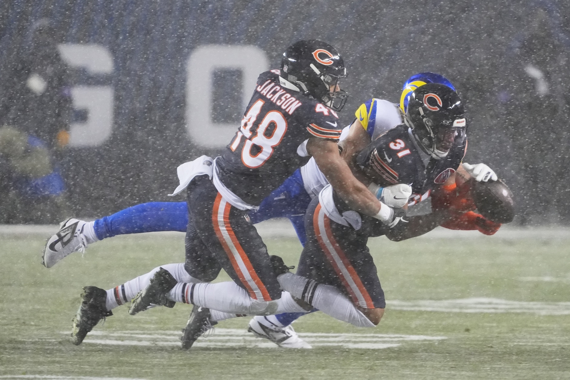 Jan 18, 2026; Chicago, IL, USA; Chicago Bears safety Kevin Byard III (31) breaks up a pass intended for the Los Angeles Rams during the second quarter of an NFC Divisional Round game at Soldier Field.