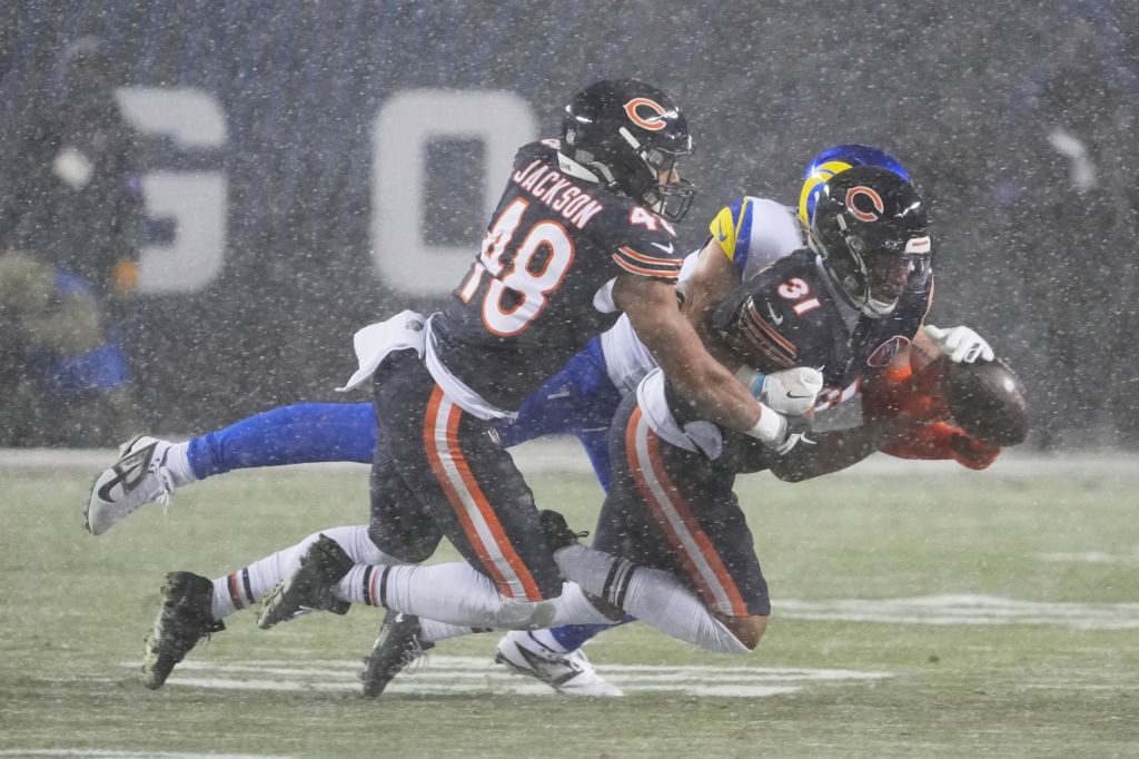 Jan 18, 2026; Chicago, IL, USA; Chicago Bears safety Kevin Byard III (31) breaks up a pass intended for the Los Angeles Rams during the second quarter of an NFC Divisional Round game at Soldier Field.