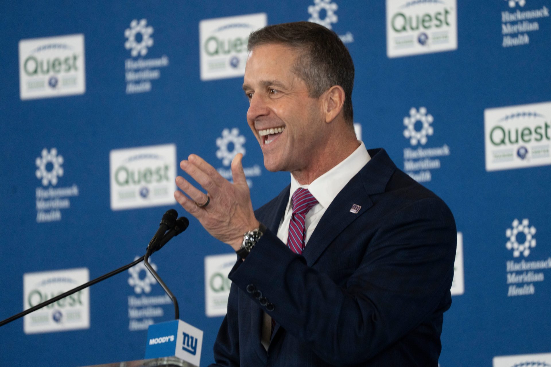 New Giants Head Coach John Harbaugh speaks during a press conference welcoming Harbaugh at the Quest Diagnostics Training Center in East Rutherford on Tuesday, Jan. 20, 2025.
