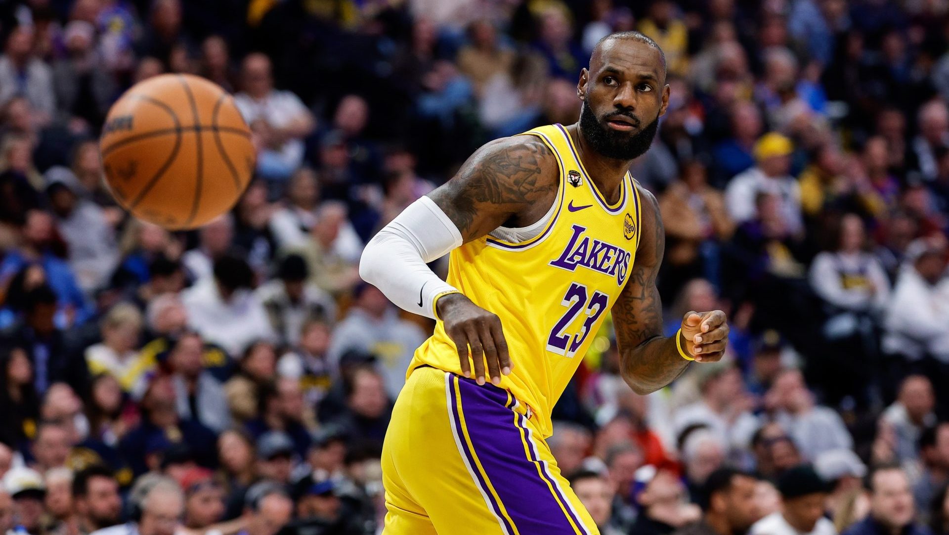Jan 20, 2026; Denver, Colorado, USA; Los Angeles Lakers forward LeBron James (23) in the second quarter against the Denver Nuggets at Ball Arena.