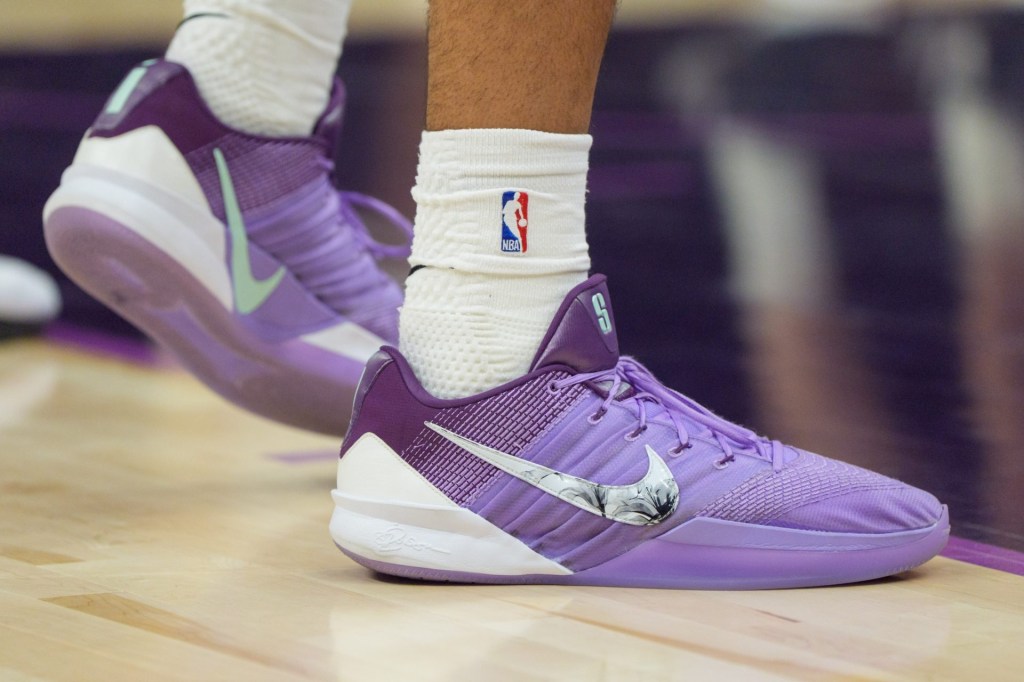 Jan 25, 2026; Minneapolis, Minnesota, USA; Minnesota Timberwolves forward Joan Beringer (19) wears Nike shoes in the fourth quarter of the game against the Golden State Warriors at Target Center.