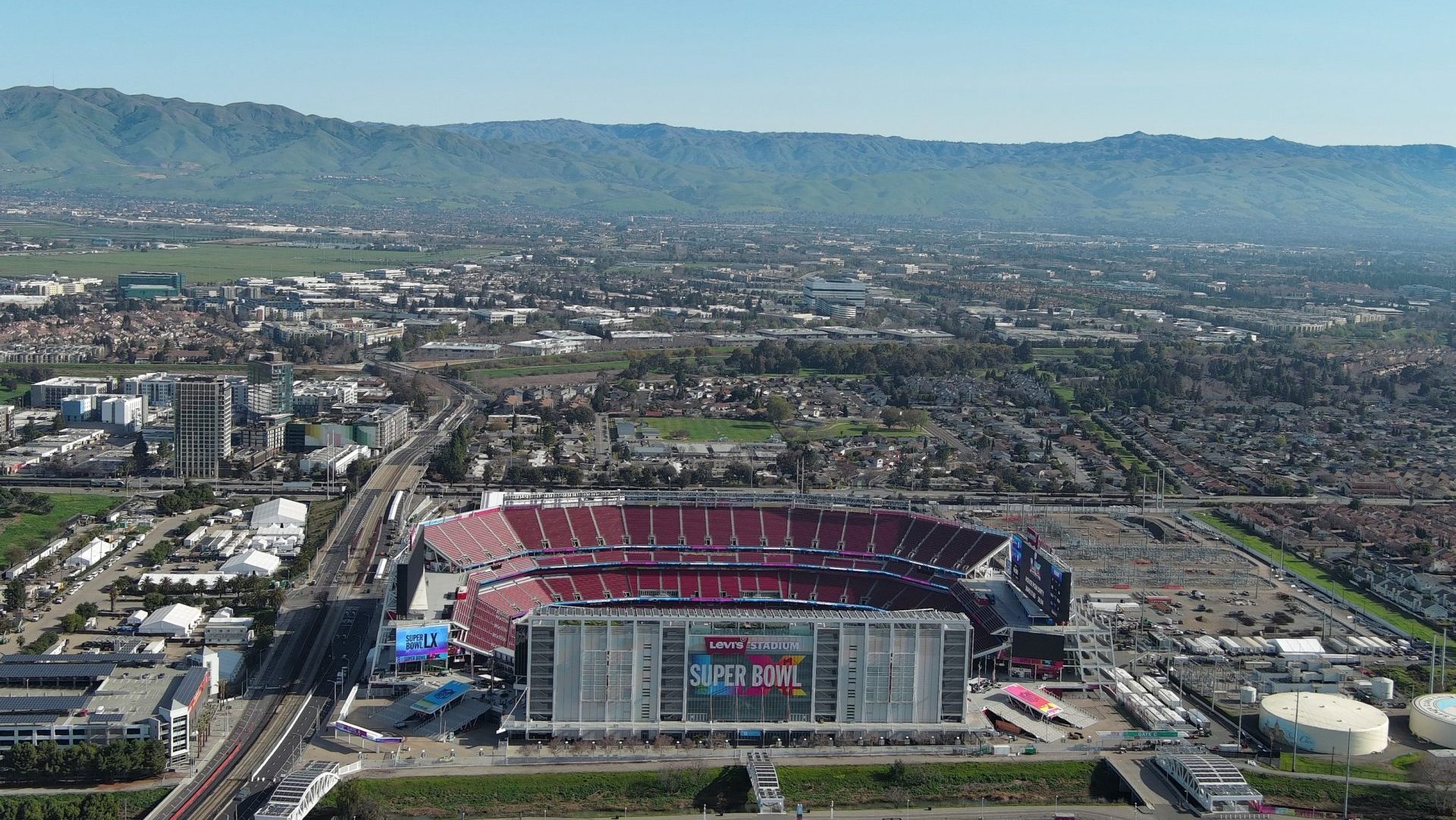 Jan 29, 2026; Santa Clara, California, USA; A general overall aerial view of Levi's Stadium, the site of Super Bowl 60 between the New England Patriots and the Seattle Seahawks