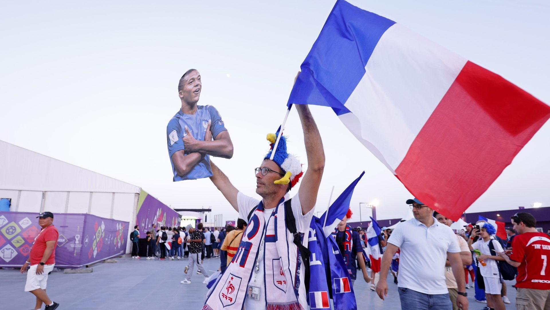 Dec 4, 2022; Doha, Qatar; France fans before a round of sixteen match between France and Poland in the 2022 FIFA World Cup at Al Thumama Stadium. Mandatory Credit: Yukihito Taguchi-USA TODAY Sports