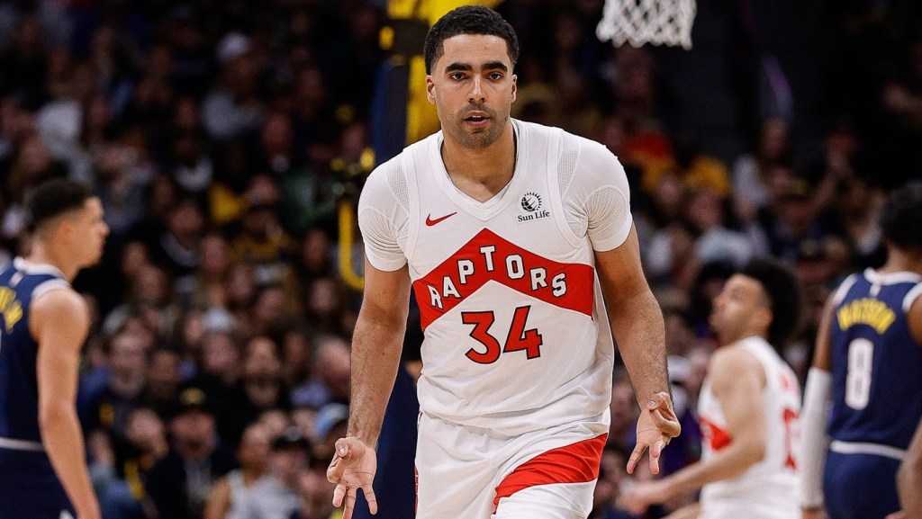 Mar 11, 2024; Denver, Colorado, USA; Toronto Raptors center Jontay Porter (34) reacts after a play in the third quarter against the Denver Nuggets at Ball Arena. Mandatory Credit: Isaiah J. Downing-USA TODAY Sports