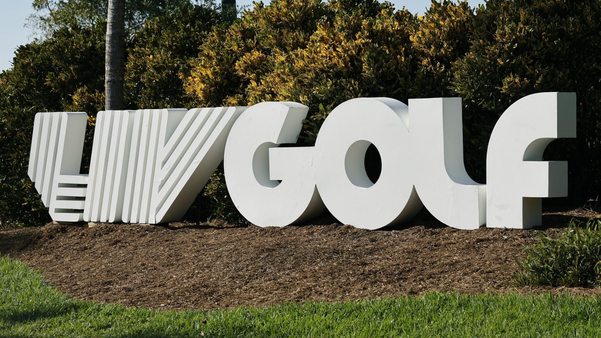 Apr 6, 2024; Miami, Florida, USA; The LIV Golf logo is on display along the 10th hole during the second round of LIV Golf Miami golf tournament at Trump National Doral. Mandatory Credit: Reinhold Matay-USA TODAY Sports