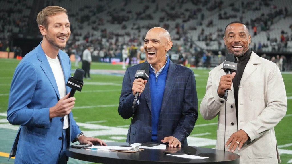 Sep 6, 2024; Sao Paulo, Brazil; Peacock broadcasters Jack Collinsworth (left), Tony Dungy (center) and Rodney Harrison during the 2024 NFL Sao Paolo Game at Neo Quimica Arena.