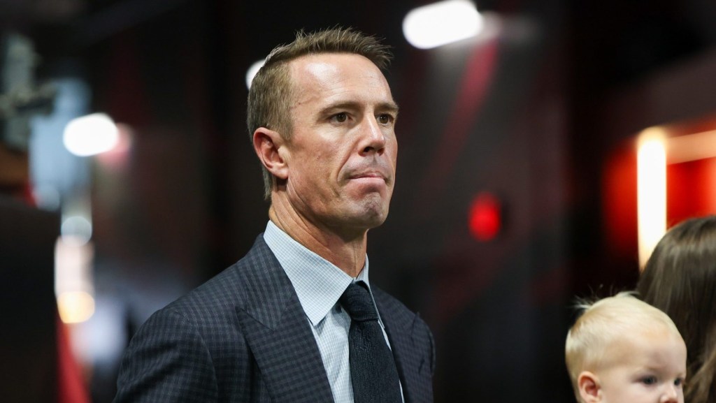 Oct 3, 2024; Atlanta, Georgia, USA; Former Atlanta Falcons quarterback Matt Ryan (2) on the sideline before being inducted in the team’s ring of honor at halftime of a game against the Tampa Bay Buccaneers at Mercedes-Benz Stadium.