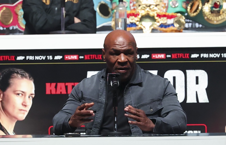 Nov 13, 2024; Irving, TX, USA; Mike Tyson speaks to the media about his upcoming fight with Jake Paul at The Pavilion at Toyota Music Factory.