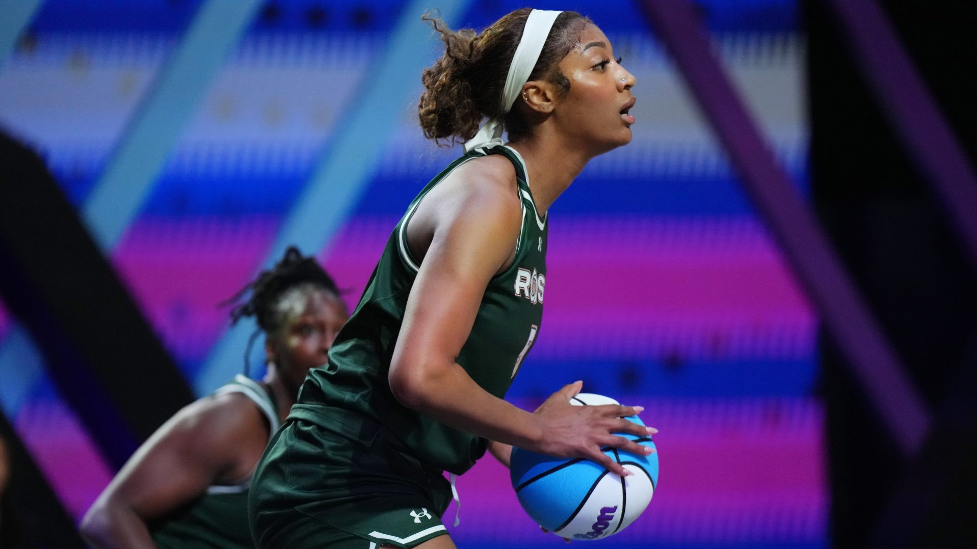 Jan 17, 2025; Miami, FL, USA; Angel Reese (5) of the Rose takes a shot against the Vinyl in the first half of the Unrivaled women’s professional 3v3 basketball league at Wayfair Arena