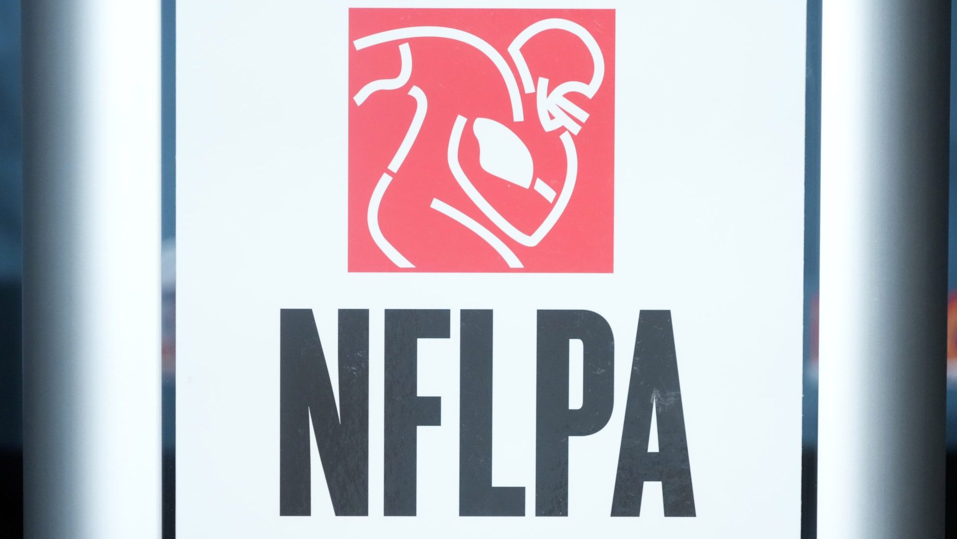 Feb 5, 2025; New Orleans, LA, USA; The NFLPA logo at press conference at the Super Bowl LIX media center at the Ernest N. Morial Convention Center. Mandatory Credit: Kirby Lee-Imagn Images