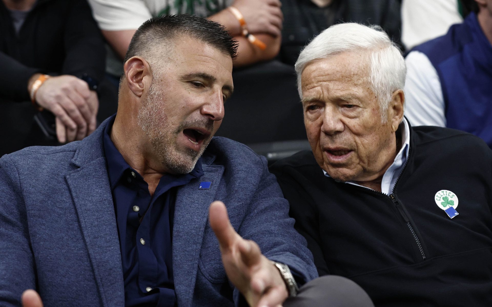 Apr 23, 2025; Boston, Massachusetts, USA; New England Patriots head coach Mike Vrabel, left, talks with Patriots owner Robert Kraft courtside during the second half of game two of the first round of the 2024 NBA Playoffs between the Boston Celtics and the Orlando Magic at TD Garden.