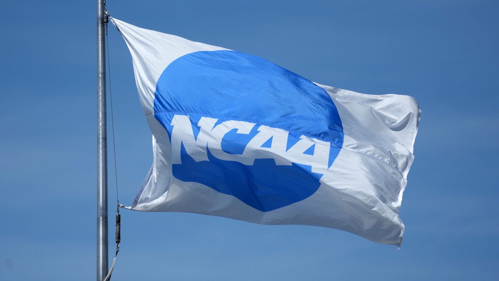 Jun 10, 2025; Eugene, OR, USA; A NCAA logo flag at the NCAA Track and Field Championships at Hayward Field. Mandatory Credit: Kirby Lee-Imagn Images