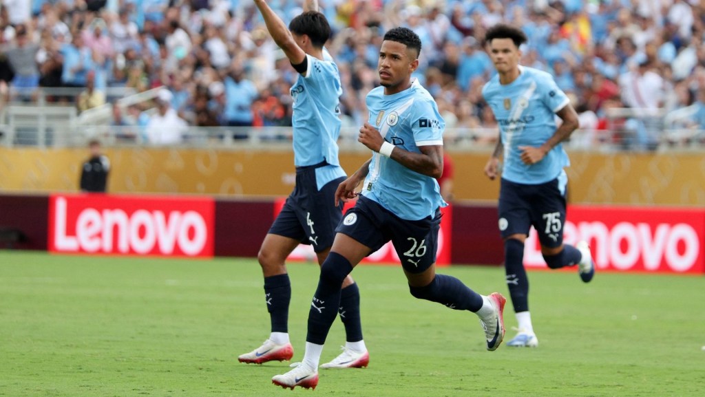 Jun 26, 2025; Orlando, Florida, USA; Manchester City midfielder Savinho (26) reacts after scoring a goal against Juventus FC during the second half during a group stage match of the 2025 FIFA Club World Cup at Camping World Stadium