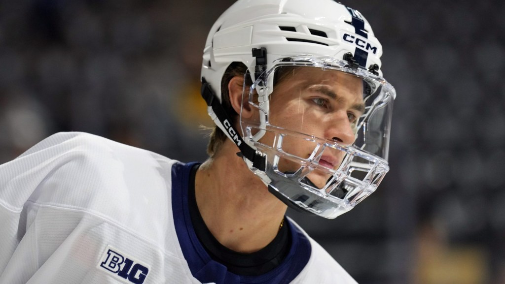 Oct 4, 2025; Tempe, AZ, USA; Penn State Nittany Lions forward Gavin McKenna (72) warms up before the game against the Arizona State Sun Devils at Mullett Arena.