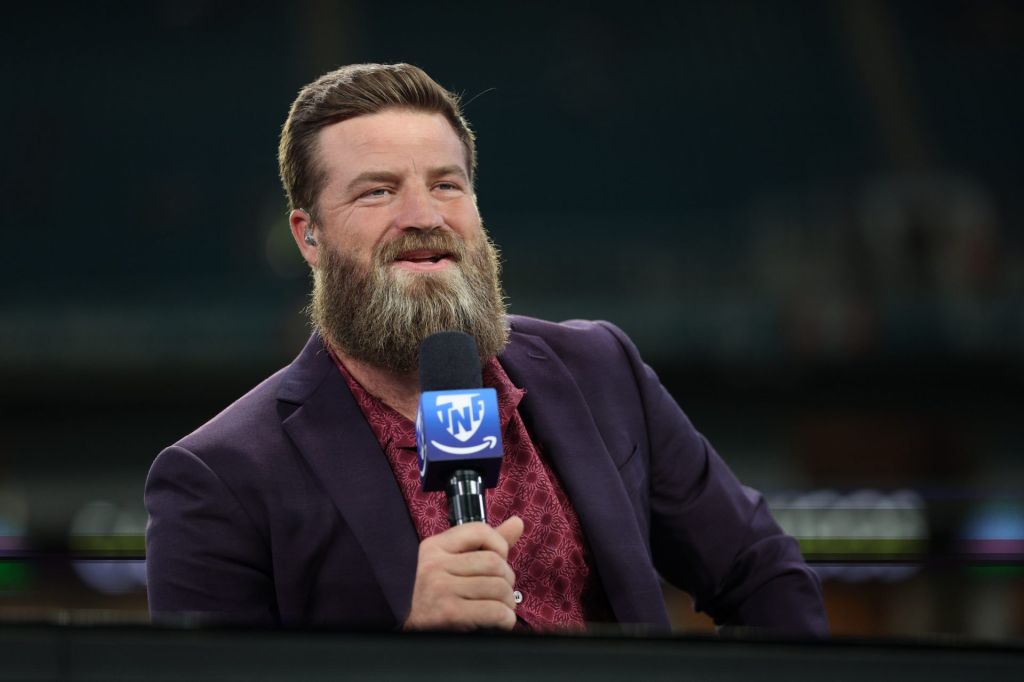 Oct 30, 2025; Miami Gardens, Florida, USA; Amazon Prime analyst Ryan Fitzpatrick speaks during a broadcast prior to a game between the Miami Dolphins and the Baltimore Ravens at Hard Rock Stadium.