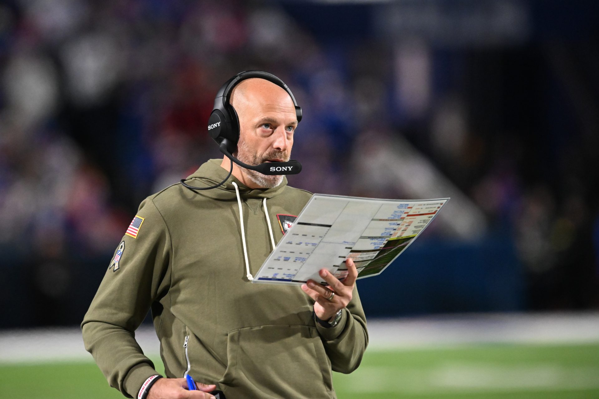 Nov 2, 2025; Orchard Park, New York, USA; Kansas City Chiefs offensive coordinator Matt Nagy looks on during the third quarter against the Buffalo Bills at Highmark Stadium. \