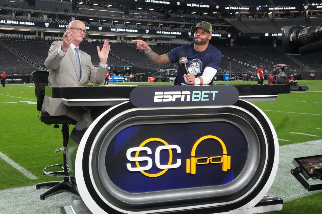 Nov 17, 2025; Paradise, Nevada, USA; ESPN’s Scott Van Pelt on set with Dallas Cowboys quarterback Dak Prescott (4) following a game against Las Vegas Raiders at Allegiant Stadium