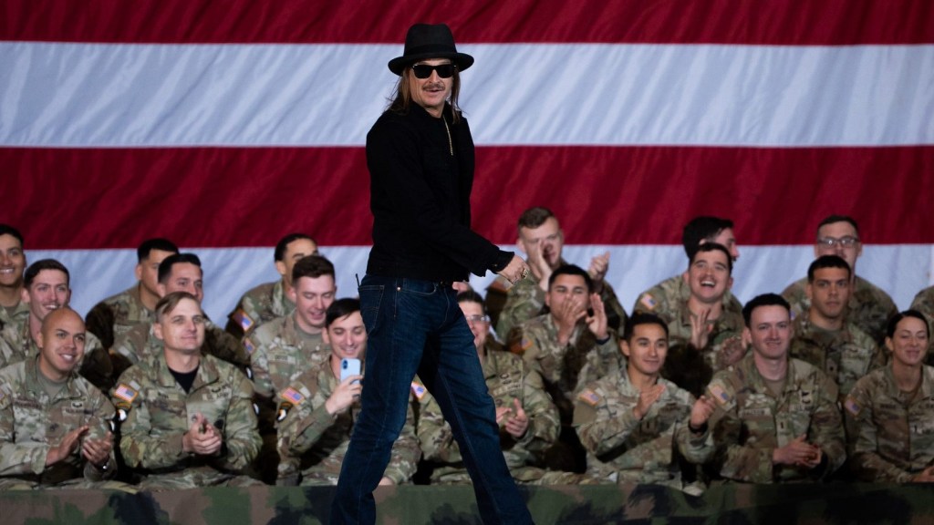 Kid Rock walks out to speak ahead of Vice President J.D. Vance at Fort. Campbell Military Base in Fort Campbell, KY., on Wednesday, Nov. 26, 2025.