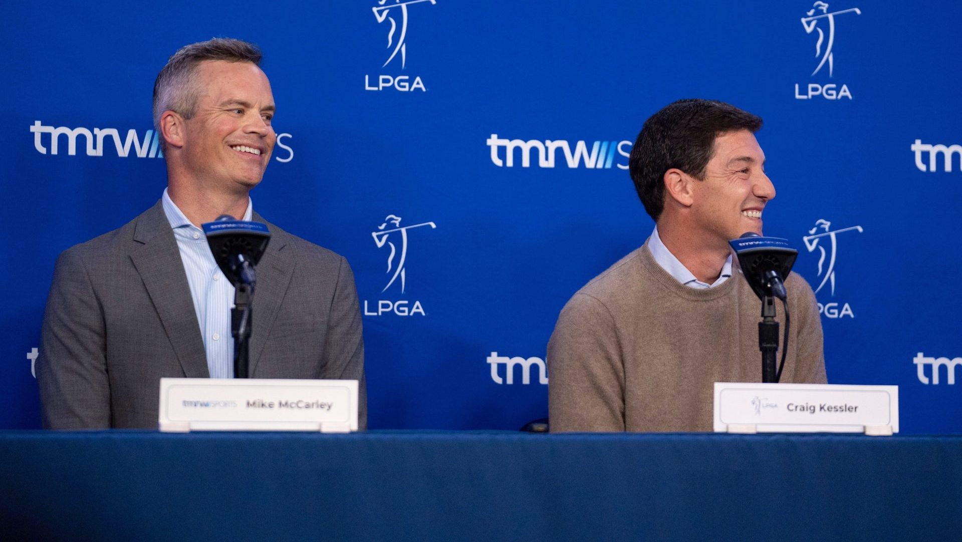 Founder and CEO of TMRW/Sports, Mike McCarley left, and LPGA Commissioner Craig Kessler answer questions after announcing the WTGL golf league at SoFi Center on January 6, 2026, in Palm Beach Gardens, Florida.
