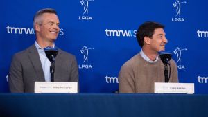 Founder and CEO of TMRW/Sports, Mike McCarley left, and LPGA Commissioner Craig Kessler answer questions after announcing the WTGL golf league at SoFi Center on January 6, 2026, in Palm Beach Gardens, Florida.
